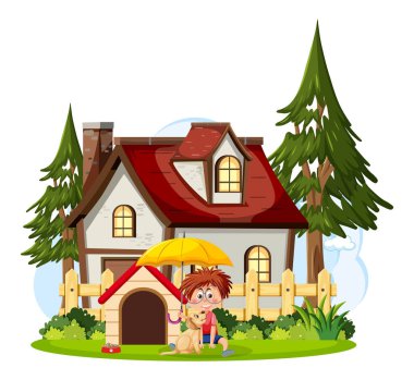 Çizgi film karakteri çizimleri olan bir evin önünde.