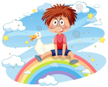 İnek çocuk ve ördek gökkuşağı çiziminde oturuyor.