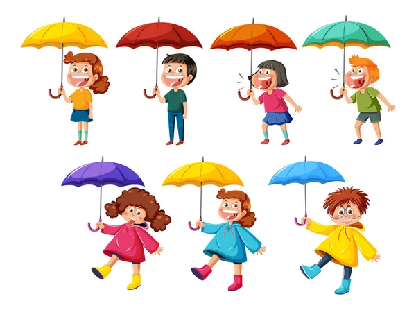 Set Von Verschiedenen Kindern Mit Regenschirm Illustration — Stockvektor