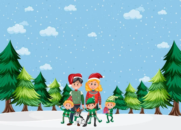 Vacances Noël Famille Dans Neige Illustration — Image vectorielle