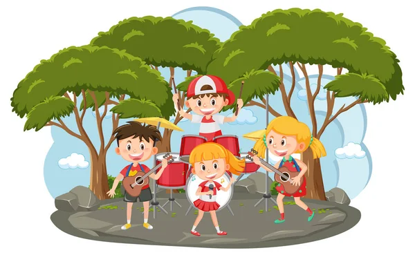 Banda Música Infantil Tocando Parque Ilustración — Vector de stock