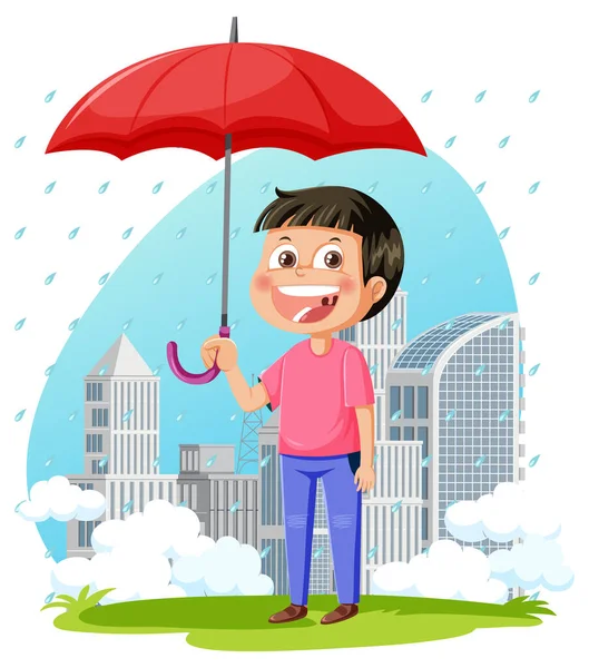 Rainy Day Boy Cartoon Character Illustration — Stock Vector