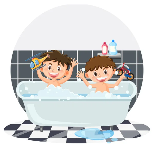漫画風のイラストで浴槽に2人の子供 — ストックベクタ