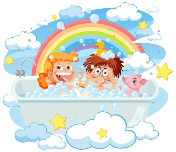 Děti Hrající Bubliny Vaně Ilustrace — Stockový vektor