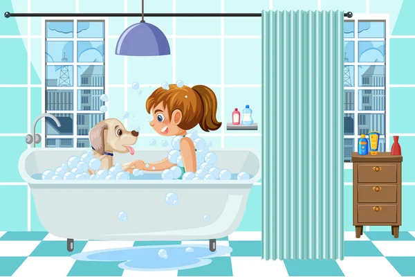 犬のイラストでお風呂に入る女の子 — ストックベクタ