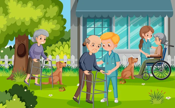Utomhuspark Med Äldre Människor Och Vårdgivare Illustration — Stock vektor