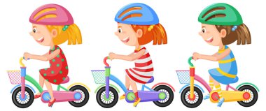 Çizgi film tarzında bisiklet süren üç kız.