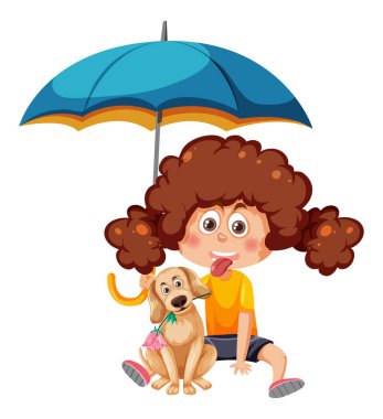Şemsiye ve köpek resmi tutan bir kız.