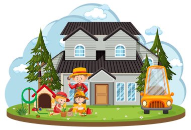 Arka bahçede çocuk bahçeleri çiziyor.