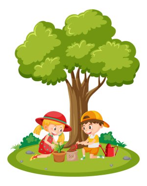 Çocukların ağaç resimlerini diktiği açık hava sahnesi