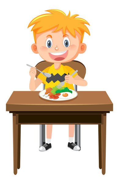 Little boy having meal cartoon character illustration