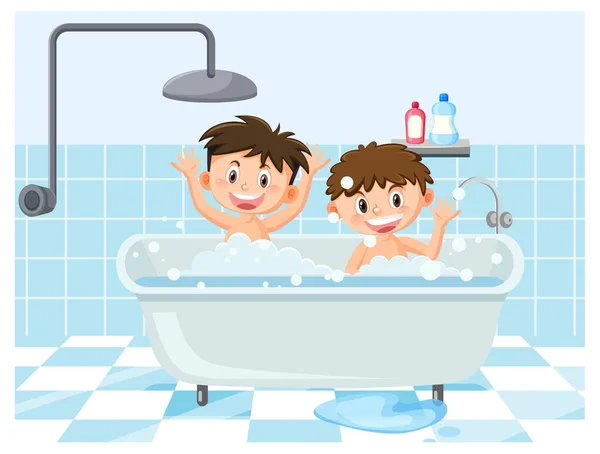 Happy Children Bathtub Illustration — Stock Vector