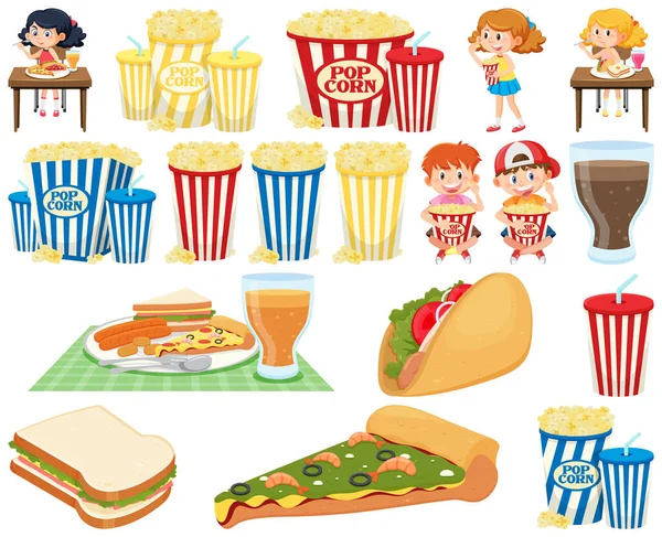 Set Mit Verschiedenen Junk Food Artikeln Und Kinderillustration — Stockvektor