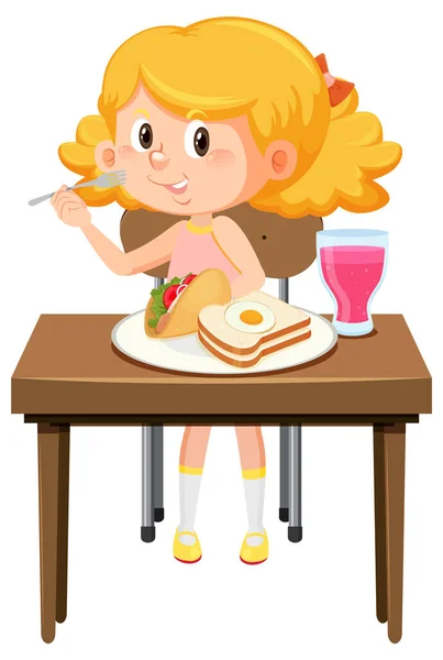 Szczęśliwa Dziewczyna Cieszyć Jedzenie Ilustracji Tabeli — Wektor stockowy
