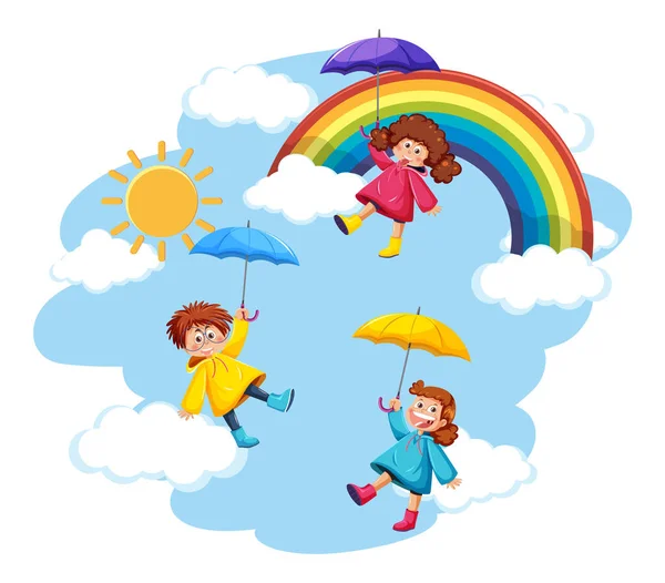 Drei Kinder Regenmantel Himmel Illustration — Stockvektor