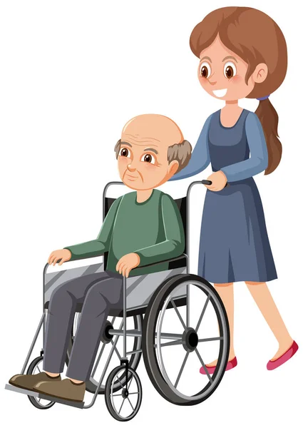 Starszy Mężczyzna Wózku Inwalidzkim Ilustracją Opiekuna — Wektor stockowy