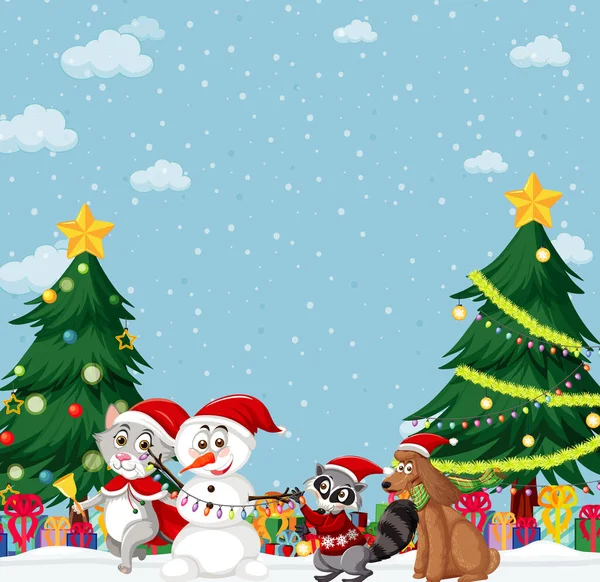 Christmas Theme Snowman Animals Illustration — Stock Vector