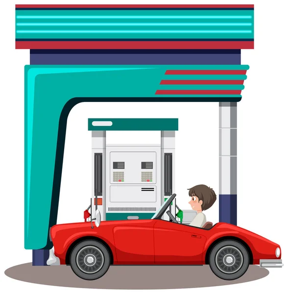 Egy Piros Autó Benzinkútnál Illusztráció — Stock Vector