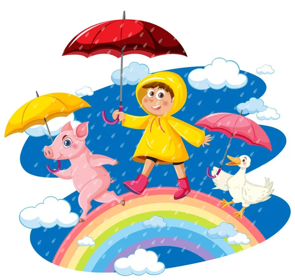 Regen Mit Einem Mädchen Regenmantel Und Regenschirm — Stockvektor