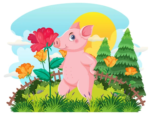 花畑の中の漫画豚イラスト — ストックベクタ