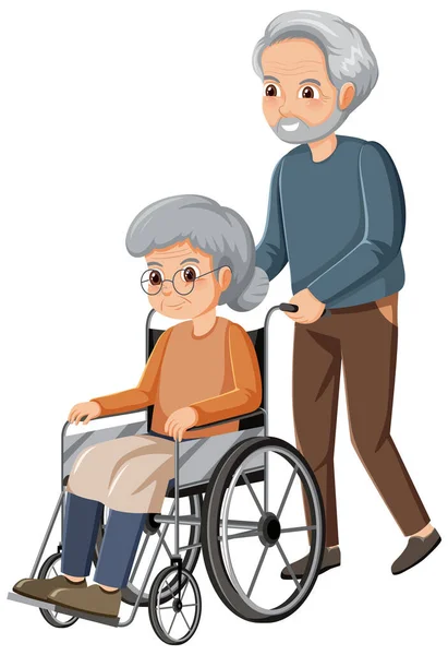 与妻子坐在轮椅上的老年男子 — 图库矢量图片