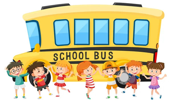 Groep Gelukkige Kinderen Schoolbus Illustratie — Stockvector