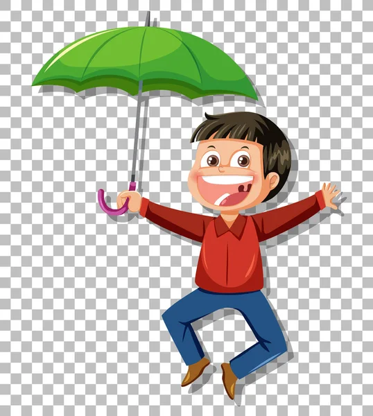 Мальчик Держащий Зонтик Смеющийся Над Рисунком Фоне Сетки — стоковый вектор