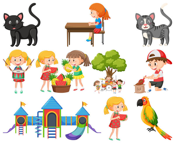 Set of different cute kids and objects illustration