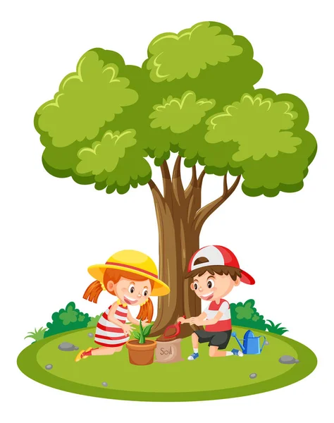 木のイラストを植える子供たちと屋外シーン — ストックベクタ