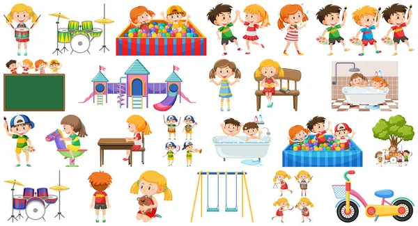 Set Bambini Che Fanno Diverse Attività Illustrazione — Vettoriale Stock