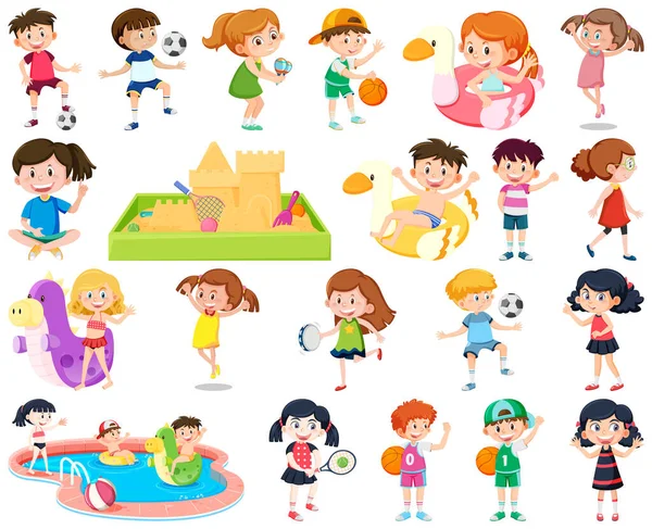 Conjunto Niños Haciendo Diferentes Actividades Ilustración — Vector de stock