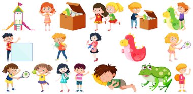 Farklı şirin çocuklar ve nesneler çizimi