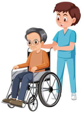 Tekerlekli sandalyedeki yaşlı adamla ilgilenen.