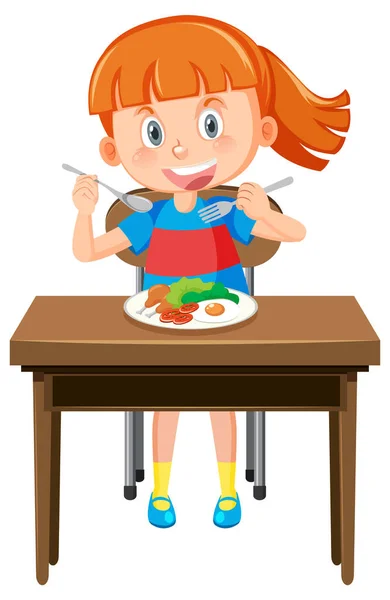 Menina Feliz Comer Pequeno Almoço Saudável Ilustração —  Vetores de Stock