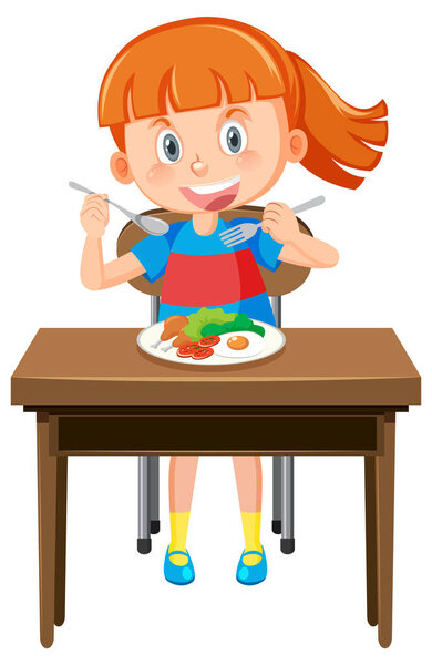 Happy girl eating healthy breakfast illustration
