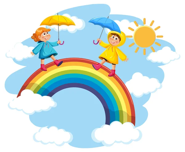 Niños Caminando Arco Iris Cielo Ilustración — Archivo Imágenes Vectoriales