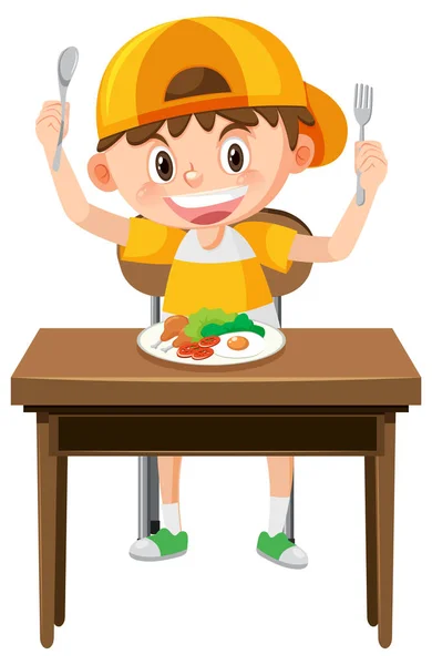 Niño Feliz Comiendo Saludable Desayuno Ilustración — Vector de stock