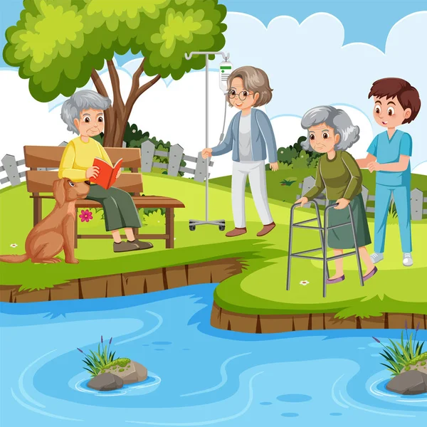 Outdoor Park Elderly People Caregiver Illustration — Stock Vector