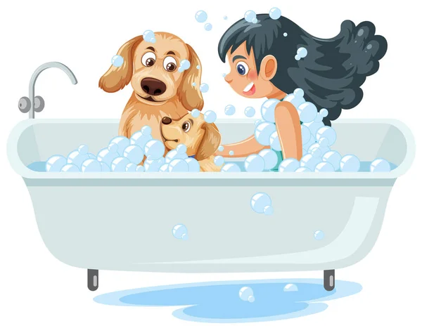 Girl Taking Bath Dog Illustration — Stock Vector