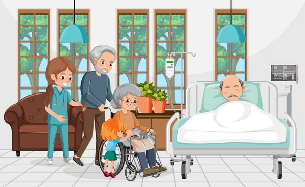 Paciente Anciano Hospitalizado Con Ilustración Del Cuidador — Vector de stock