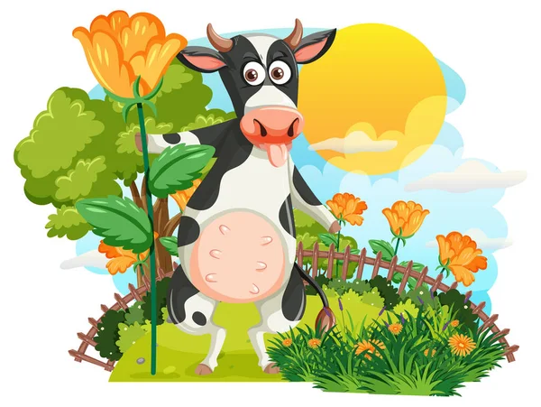 Cartoon Vache Dans Illustration Champ Fleur — Image vectorielle