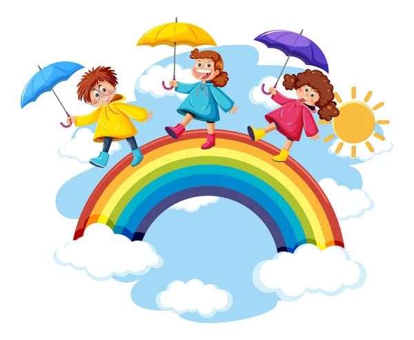 Tres Niños Caminando Arco Iris Cielo Ilustración — Archivo Imágenes Vectoriales