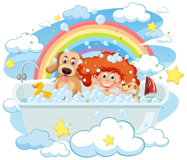 在浴缸图上玩泡泡游戏的孩子 — 图库矢量图片