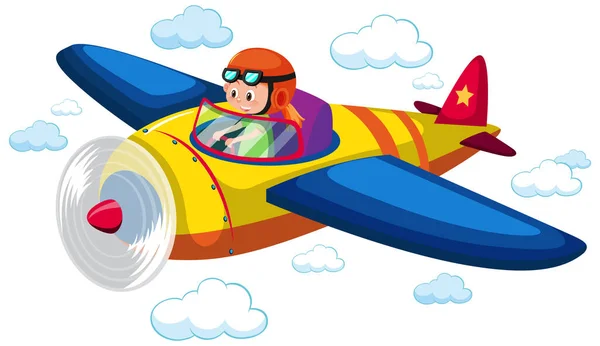 Girl Flying Cute Airplane Sky Illustration — стоковый вектор