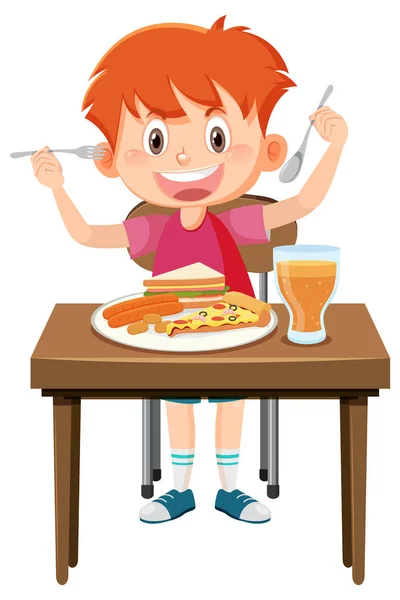 Happy Boy Aime Manger Nourriture Sur Illustration Table — Image vectorielle