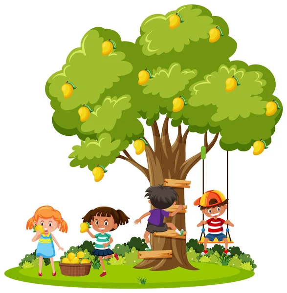 Kids Harvesting Mango Tree Illustration Vector Graphics