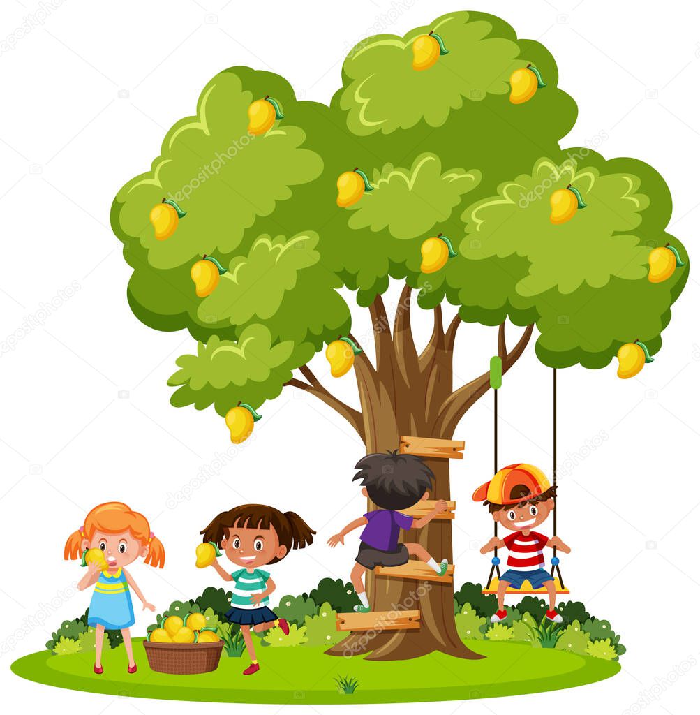 Kids harvesting mango from tree illustration