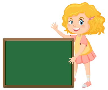 Boş karatahtayla izole edilmiş güzel bir kız.