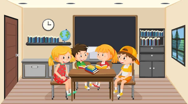 宿題をする子供たちとの部屋のシーンイラスト — ストックベクタ