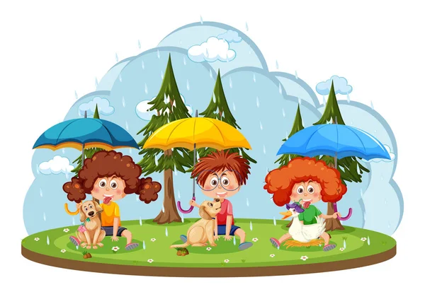 Дождливый День Детьми Держащими Зонтики Иллюстрации — стоковый вектор